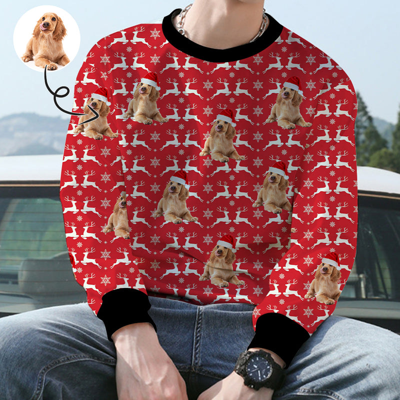 Personalized Christmas Deer With Pet's Face, Custom Photo Men's All Over Print Crewneck Sweatshirt