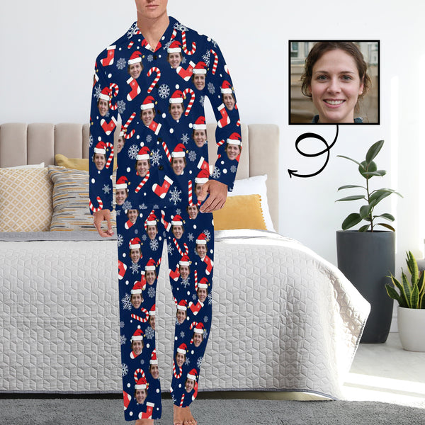 Custom Face Pajamas Christmas Sock&Crutch Sleepwear Personalized Men's Long Pajama Set