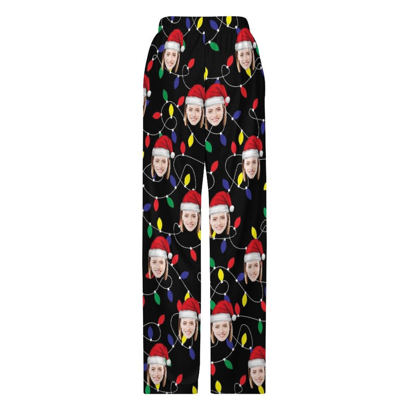 Personalized Long Pajama Pants Unisex Lacing Custom Face Christmas Hat Green and Black Sleepwear Slumber Party