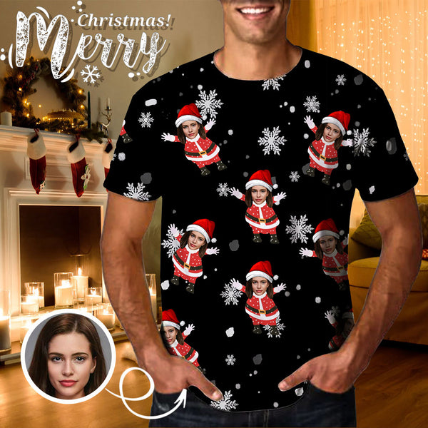 Custom Face White Snowflake Santa Christmas Tee Put Your Photo on Shirt Unique Design Men's All Over Print T-shirt