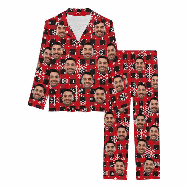 Custom Face Pajamas Black&Red Lattice Snowflake Sleepwear Personalized Women's Long Pajama Set