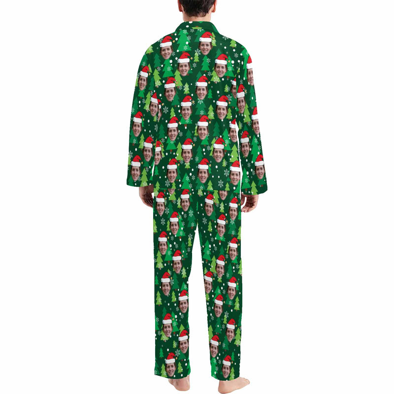 Custom Face Pajamas Christmas Tree Green Sleepwear Personalized Men's Long Pajama Set