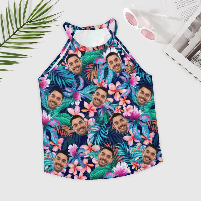 Personalized Face Tank Tops Tropical Plants Summer Halterneck Strapless Print Vest Shirt Women's Loose Top