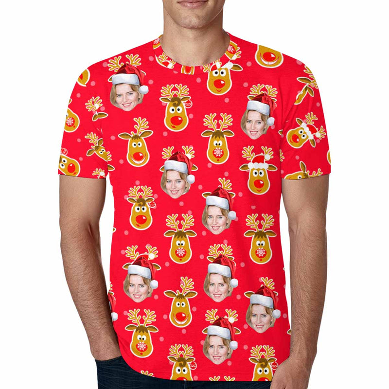 Custom Face Christmas Deer Put Your Photo on Shirt Unique Design Men's All Over Print T-shirt