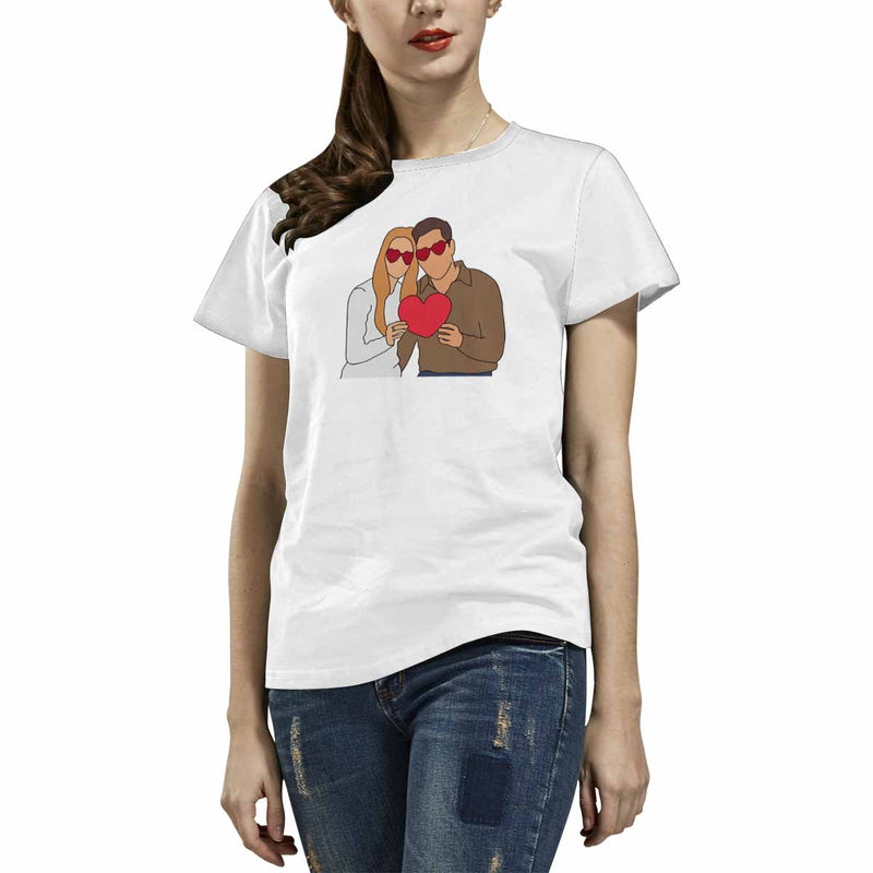 Custom Portrait Outline Shirt, Line Art Photo Shirt For Female, Custom Women's All Over Print T-shirt, Photo Outline Outfit For Couple White