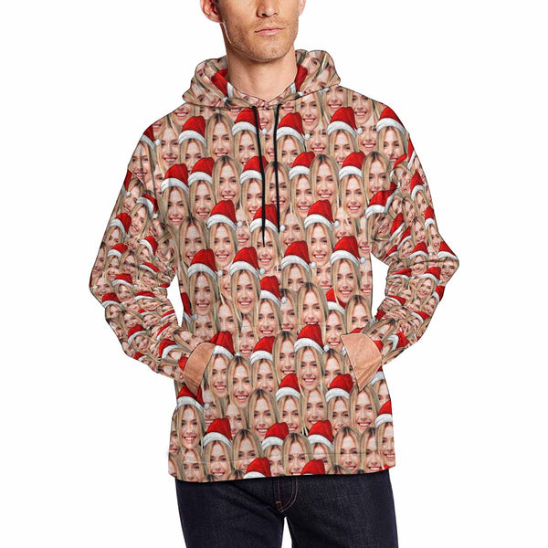 Printing Christmas Hat Hoodie with Face, Custom Men's All Over Print Hoodie Surprise Gifts for Dad Husband Boyfriend