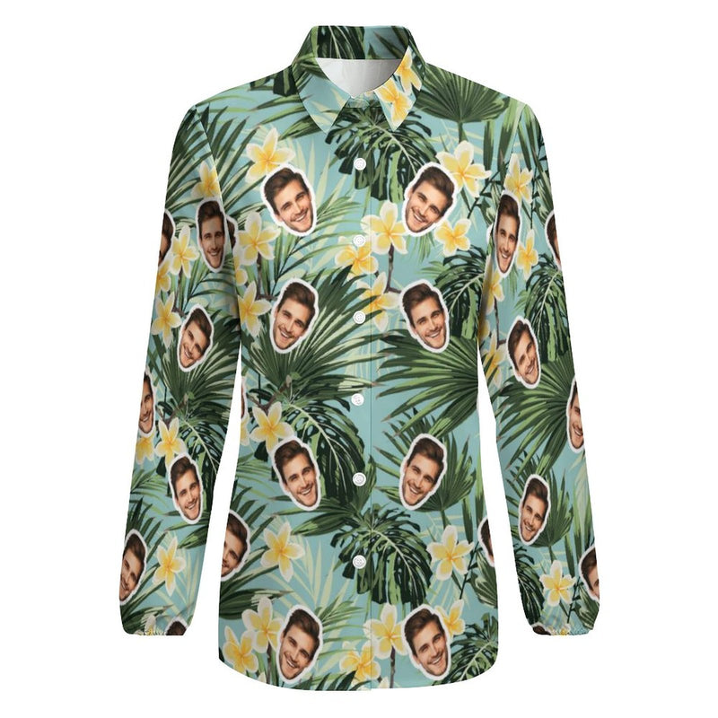 Custom Face Green Leaves Vntage Casual Long Sleeve Hawaiian Shirts