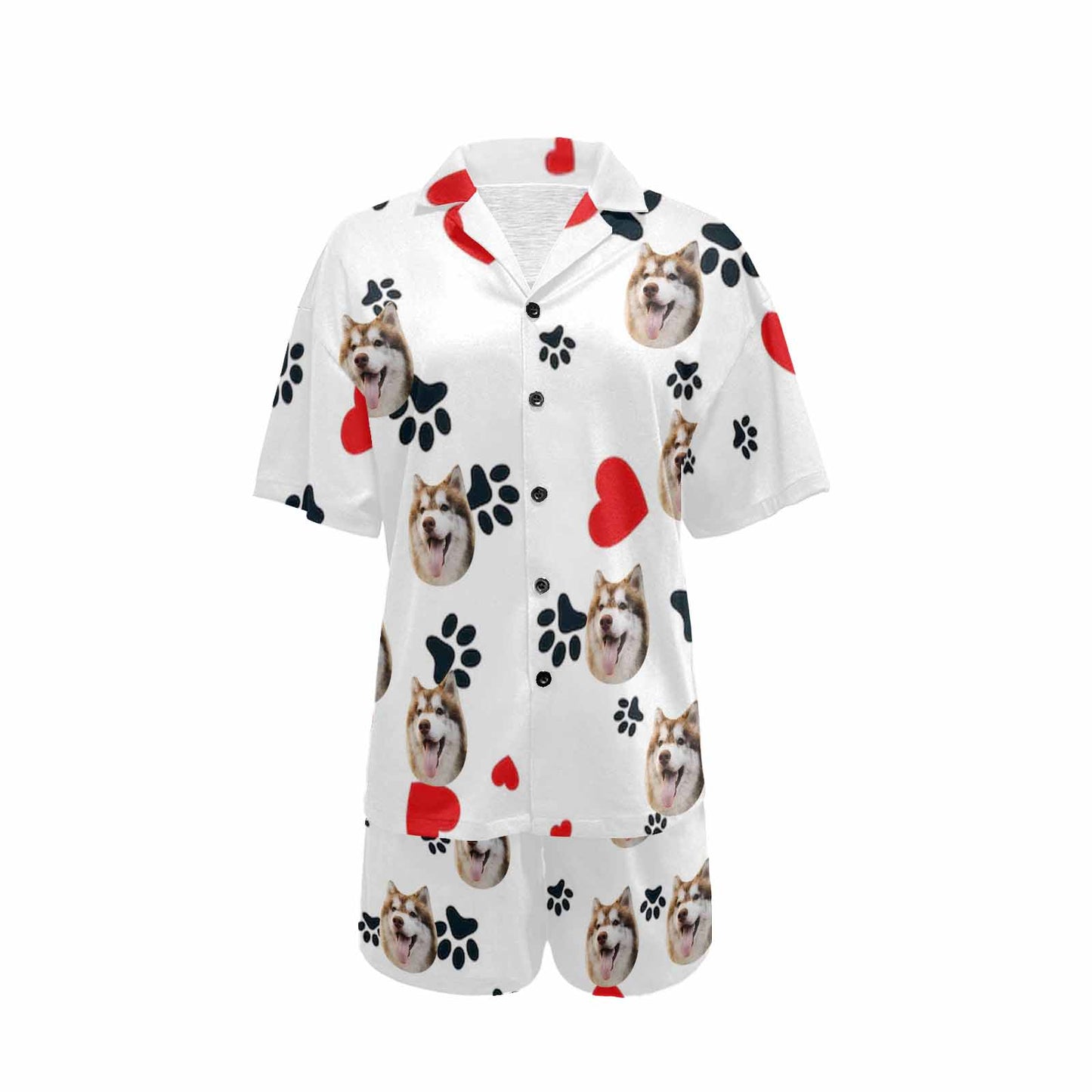 Custom Face Pet With Heart Loungewear Personalized Photo Sleepwear Women's V-Neck Short Pajama Set