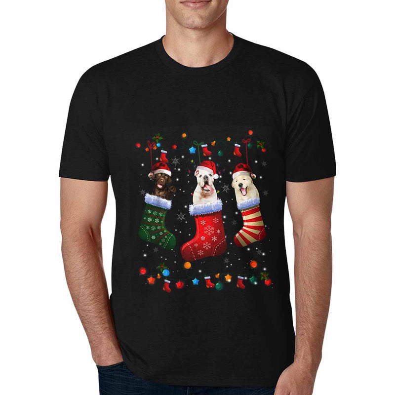 Custom Face Your Pet in Christmas Sock Tee Put Your Photo on Shirt Unique Design Men's All Over Print T-shirt