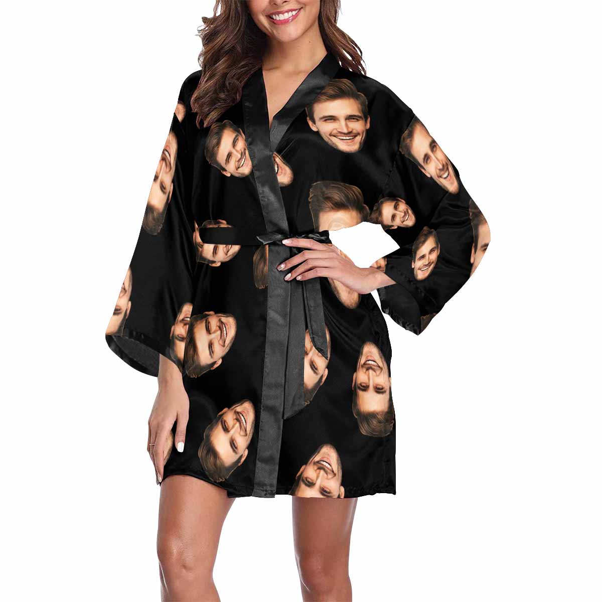 Custom Face My Boyfriend Black Women's Short Pajama Kimono Robe