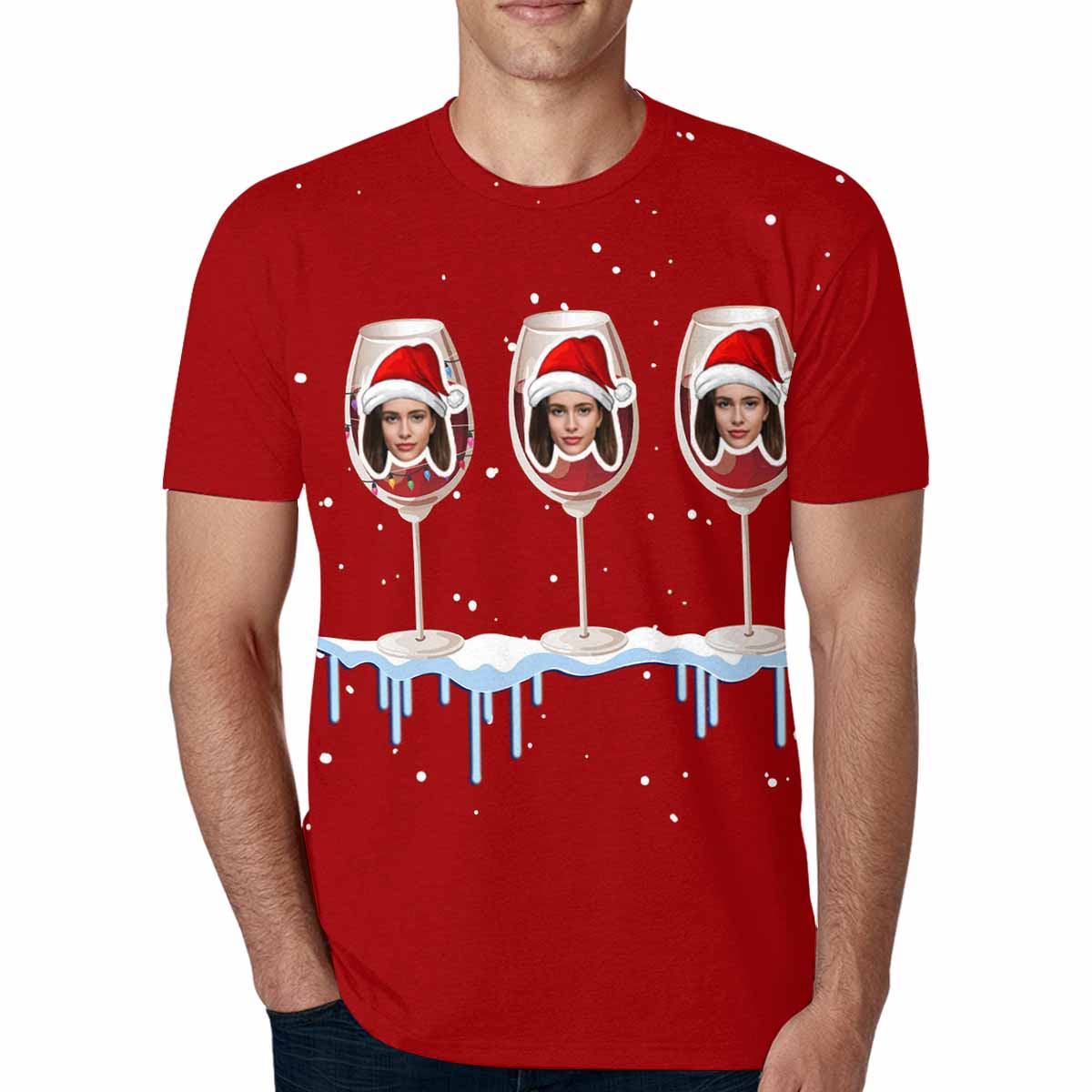 Custom Face Wine Glass Christmas Tee Put Your Photo on Shirt Unique Design Men's All Over Print T-shirt