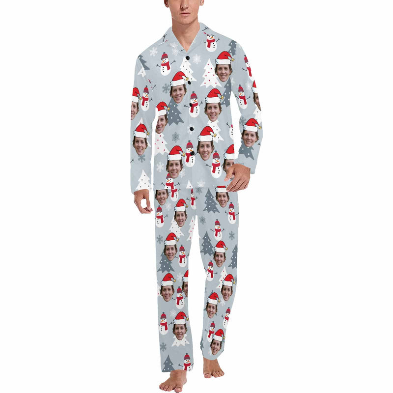 Custom Face Pajamas Snowmen&Tree Sleepwear Personalized Men's Long Pajama Set