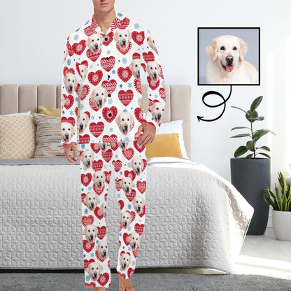 Custom Face Pajamas Heart&Blue Snowflake Sleepwear Personalized Men's Long Pajama Set