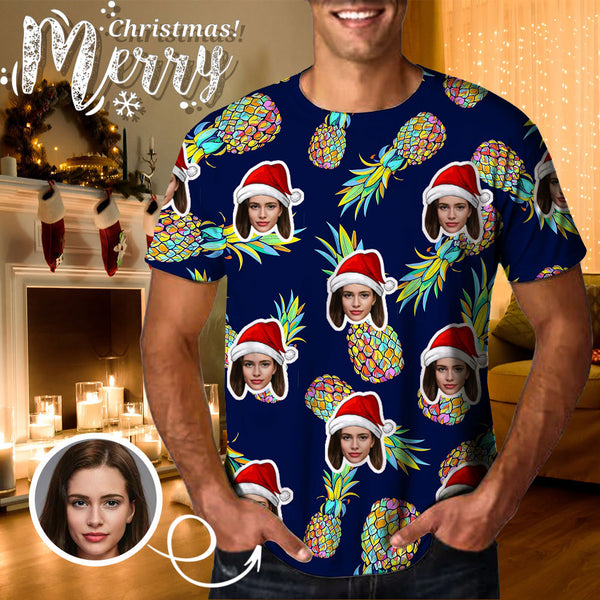 Custom Face Colorful Pineapple Christmas Tee Put Your Photo on Shirt Unique Design Men's All Over Print T-shirt