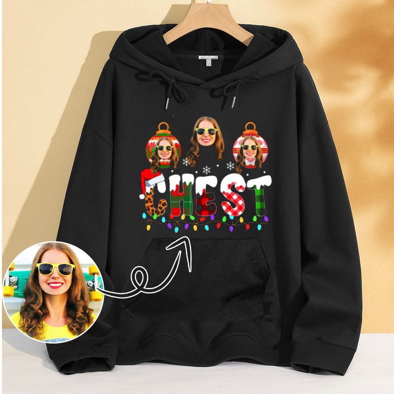 Printing Christmas Chest Hoodie with Face, Custom Women's All Over Print Hoodie Surprise Gifts for Mon Wife Girlfriend