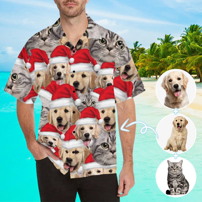 Custom Face Pet Red Christmas Hat Men's All Over Print Hawaiian Shirt