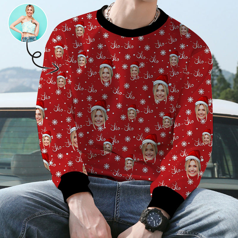 Personalized Christmas Ho Sweater With Face, Custom Photo Men's All Over Print Crewneck Sweatshirt