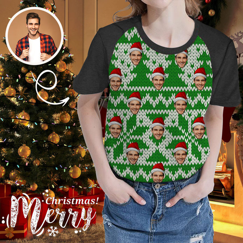 Custom Face Christmas Green Tree Women's All Over Print T-shirt