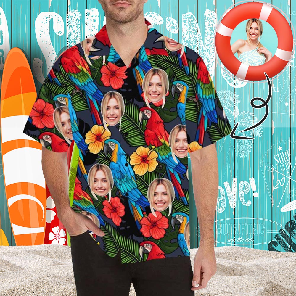 Custom Face Parrot Men's All Over Print Hawaiian Shirt, Personalized Aloha Shirt With Photo Summer Beach Party As Gift for Vacation