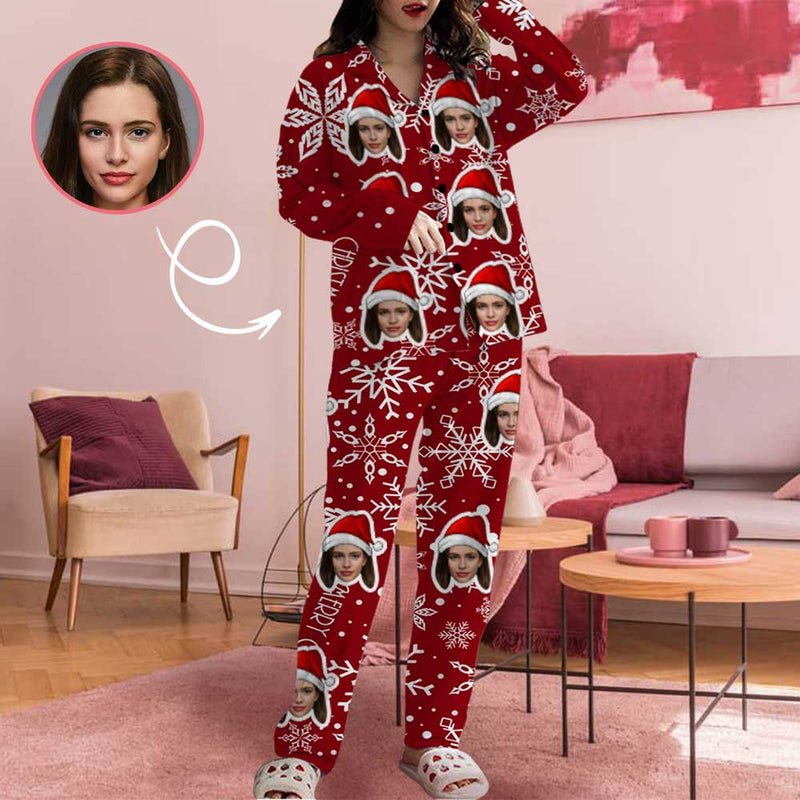 Custom Face Red Christmas Hat Snowflake Women's Long Pajama Set