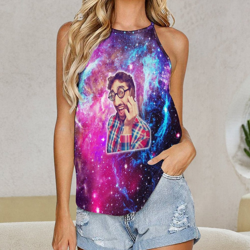 Women's Tops with Custom Face Starry Sky Summer Halterneck Strapless Print Galaxy Vest Shirts Loose Tank Tops