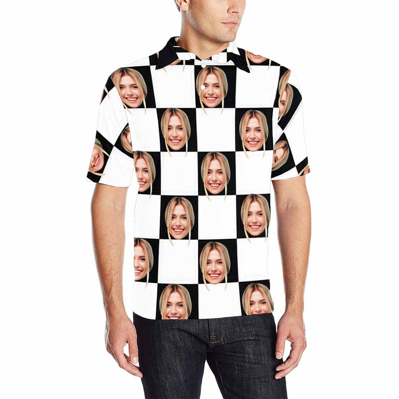 Custom Face Checkerboard Polo Shirt, Personalized Shirt for Men, Photo Men's All Over Print Polo Shirt