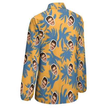 Custom Face Yellow Background Palm Tree Vntage Casual Long Sleeve Hawaiian Shirts