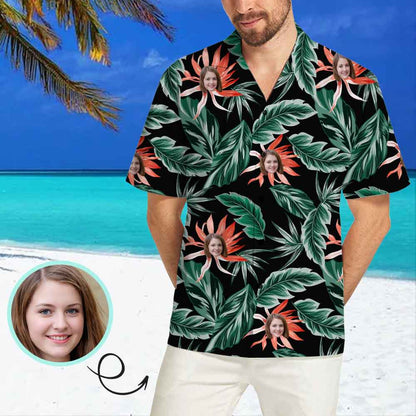 Custom Face Red Flowers Green Leaves Men's All Over Print Hawaiian Shirt