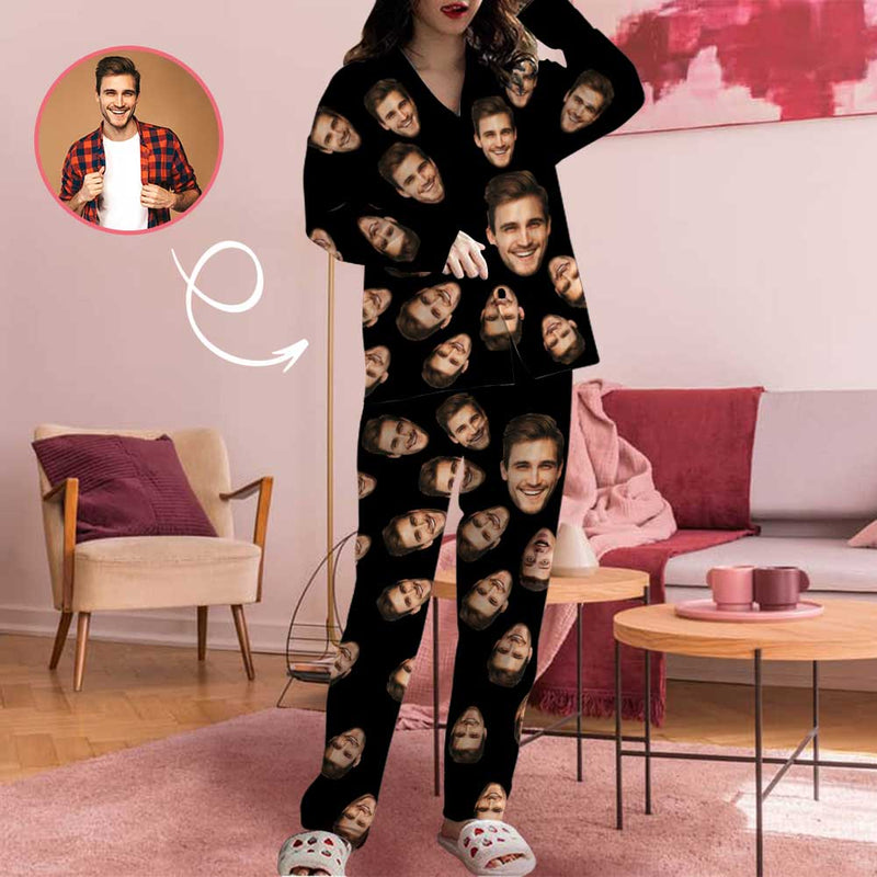 Custom Face My Treasure Black Women's Long Pajamas Set