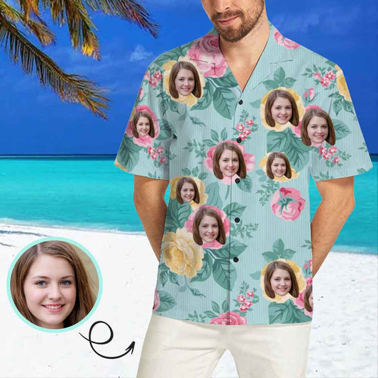 Custom Face Pink Flower Blue Men's All Over Print Hawaiian Shirt