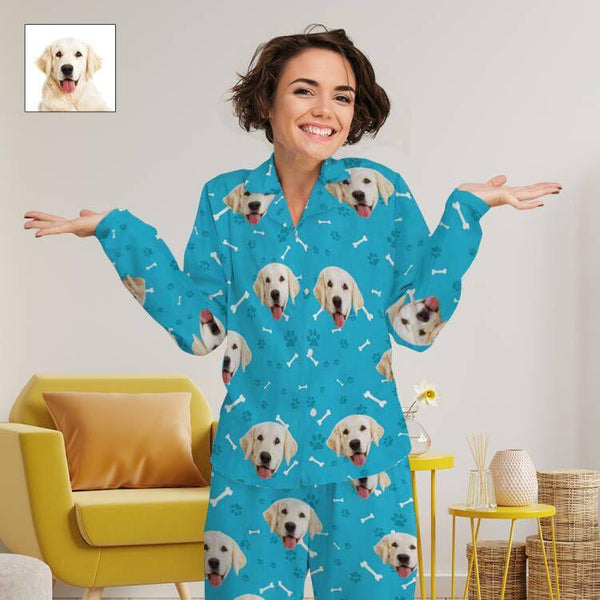Custom Face Pajamas My Pet Dog Paw and Bone Sleepwear Personalized Women's Long Pajama Set