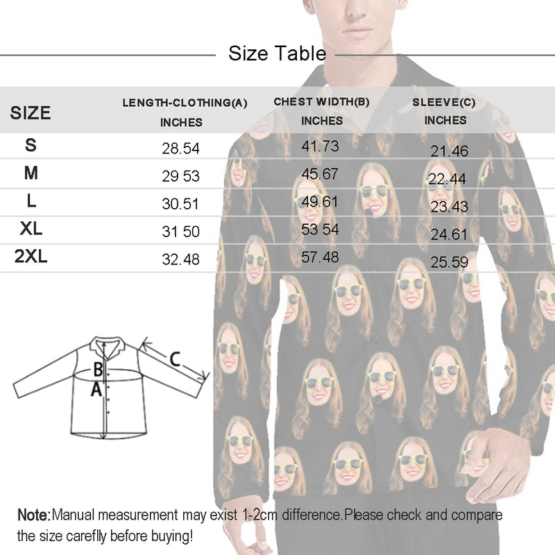 Pajama Shirt-Custom Face Pajamas Black Men's Sleepwear Personalized Photo Men's V-Neck Long Pajama Top