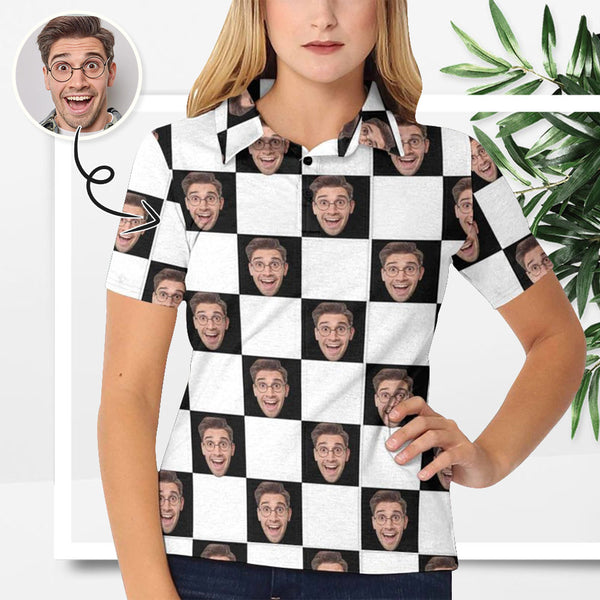 Custom Face Checkerboard Color Polo Shirt, Personlized Shirt For Women, Photo Women's All Over Print Polo Shirt