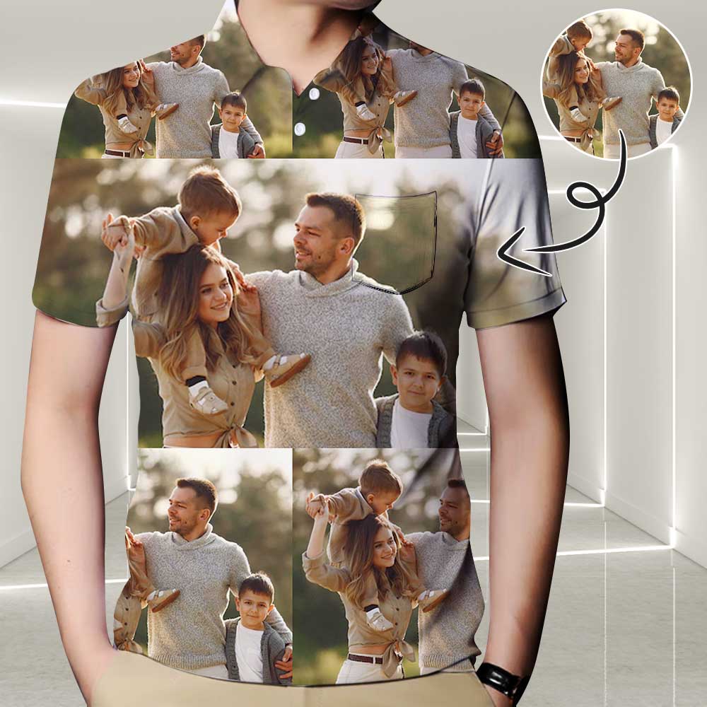 Custom Face Photomosaic Polo Shirt, Personalized Shirt for Men, Photo Men's All Over Print Polo Shirt