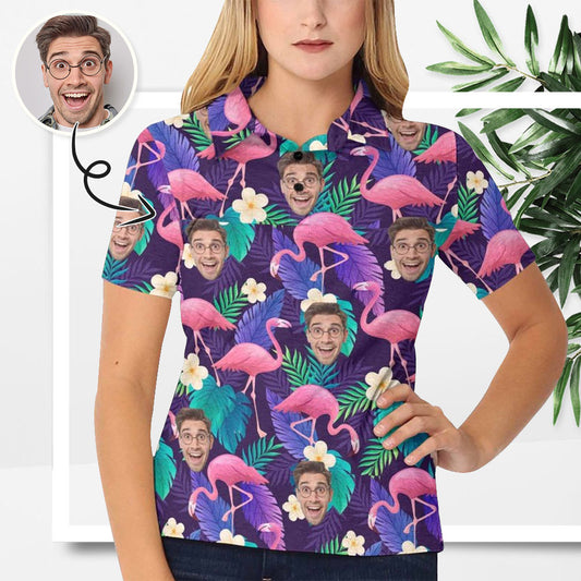 Custom Face Purple Flamingo Polo Shirt, Personlized Shirt For Women, Photo Women's All Over Print Polo Shirt