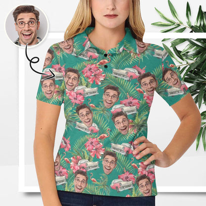 Custom Face Green Flamingo Polo Shirt, Personalized Shirt for Women, Photo Women's All Over Print Polo Shirt