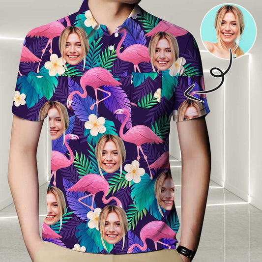 Custom Face Purple Flamingo Polo Shirt, Personalized Shirt for Men, Photo Men's All Over Print Polo Shirt