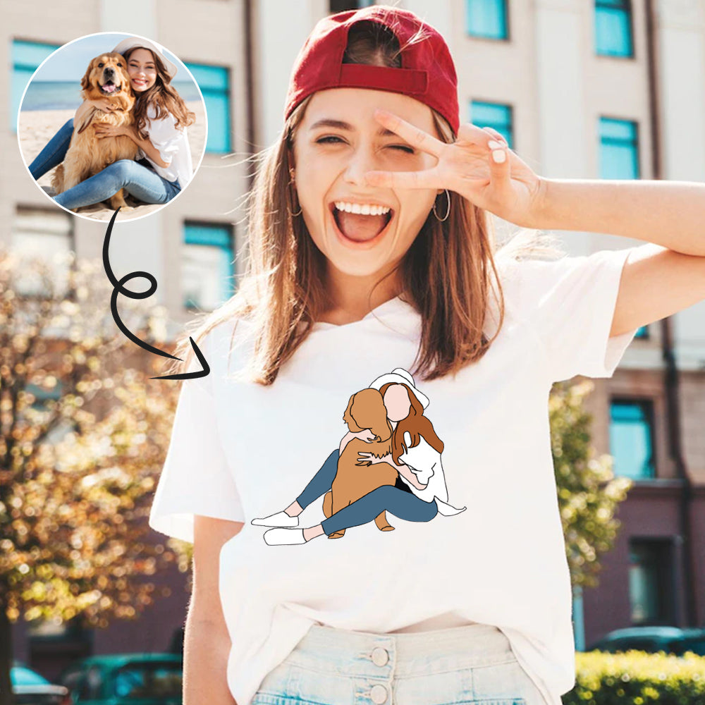 Custom Portrait Outline Shirt, Line Art Photo Shirt For Female, Custom Women's All Over Print T-shirt, Photo Outline Outfit With Pet White