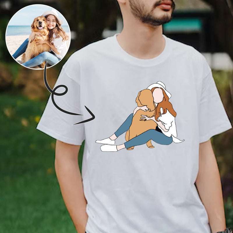 Custom Portrait Outline Shirt, Line Art Photo Shirt For Male, Custom Men's All Over Print T-shirt, Photo Outline Outfit With Pet White