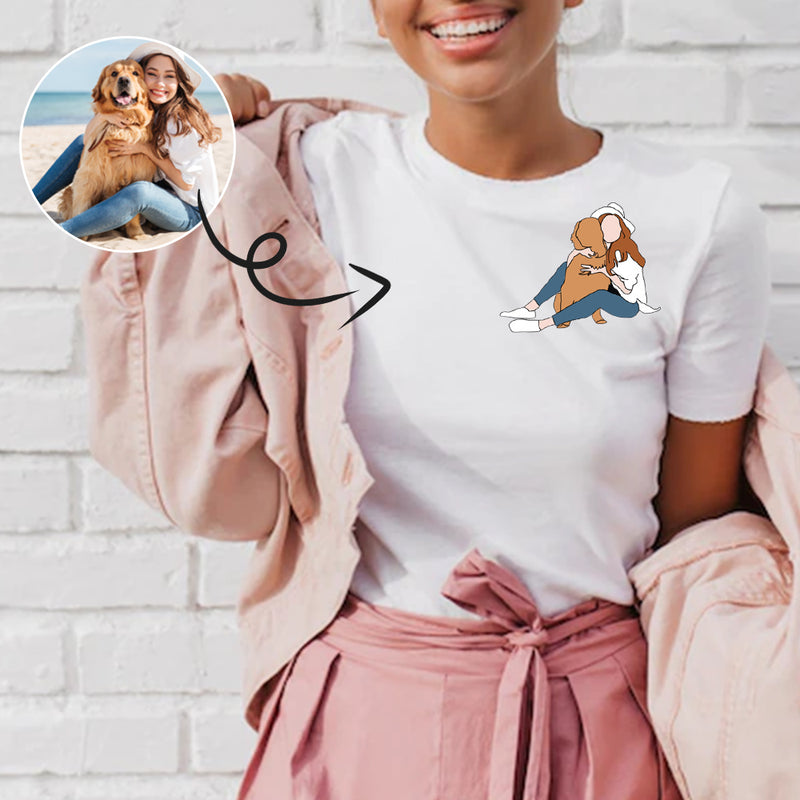 Custom Portrait Outline Shirt, Line Art Photo Shirt For Female, Custom Women's All Over Print T-shirt, Photo Outline Outfit With Pet White