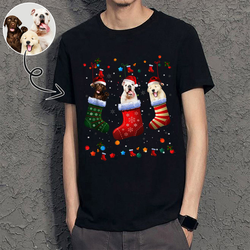 Custom Face Your Pet in Christmas Sock Tee Put Your Photo on Shirt Unique Design Men's All Over Print T-shirt