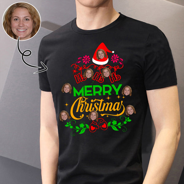 Custom Face Merry Christmas&Wreath Tee Put Your Photo on Shirt Unique Design Men's All Over Print T-shirt