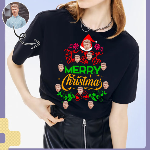 Custom Face Merry Christmas&Wreath Tee Put Your Photo on Shirt Unique Design Women's All Over Print T-shirt