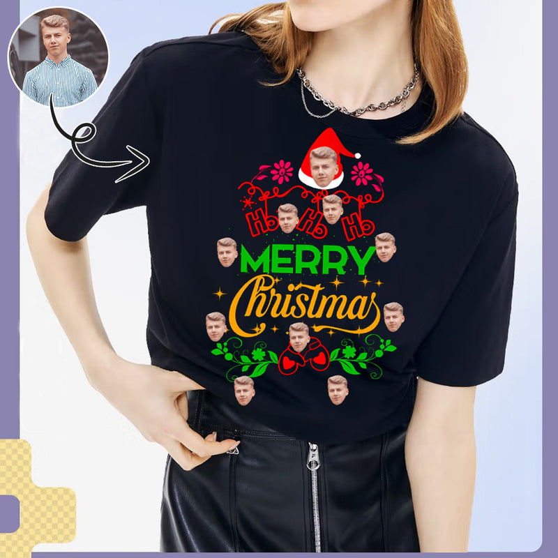 Custom Face Merry Christmas&Wreath Tee Put Your Photo on Shirt Unique Design Women's All Over Print T-shirt