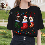 Custom Face Pet in Christmas Sock Tee Put Your Photo on Shirt Unique Design Women's All Over Print T-shirt