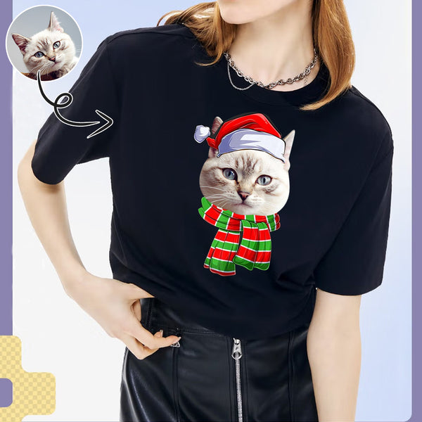 Custom Face Pet With Christmas Scarf Tee Put Your Photo on Shirt Unique Design Women's All Over Print T-shirt