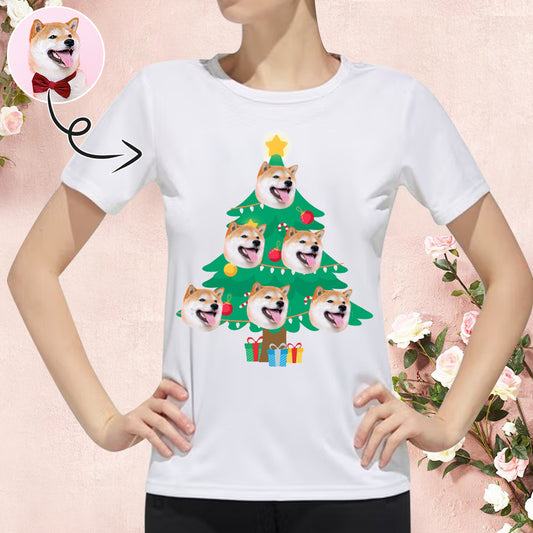 Custom Face Christmas Tree Tee Put Your Photo on Shirt Unique Design Women's All Over Print T-shirt