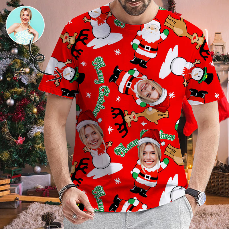 Custom Face Christmas Snowman Put Your Photo on Shirt Unique Design Men's All Over Print T-shirt