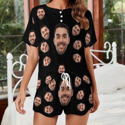 Custom Face Handsome Boyfriend Black Print Pajama Set Women's Short Sleeve Top and Shorts Loungewear Athletic Tracksuits