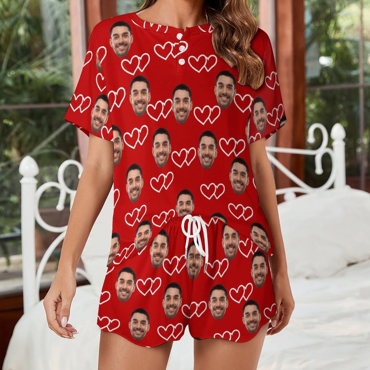 Custom Face White Line Heart Red Print Pajama Set Women's Short Sleeve Top and Shorts Loungewear Athletic Tracksuits